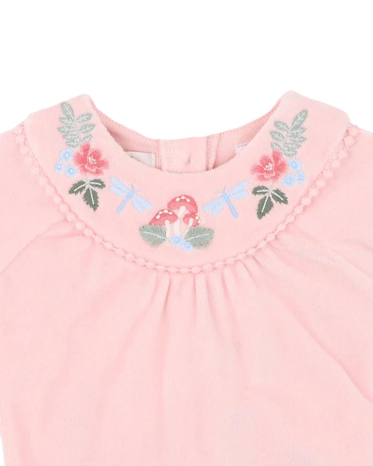 WILD GARDEN EMB. VELOUR ZIP ONESIE