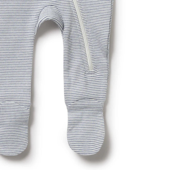 Organic Stripe Rib Zipsuit with Feet | Rain Drop