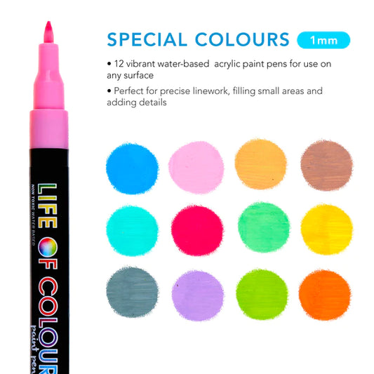 Special Colours 1mm Fine Tip Acrylic Paint Pens - Set of 12