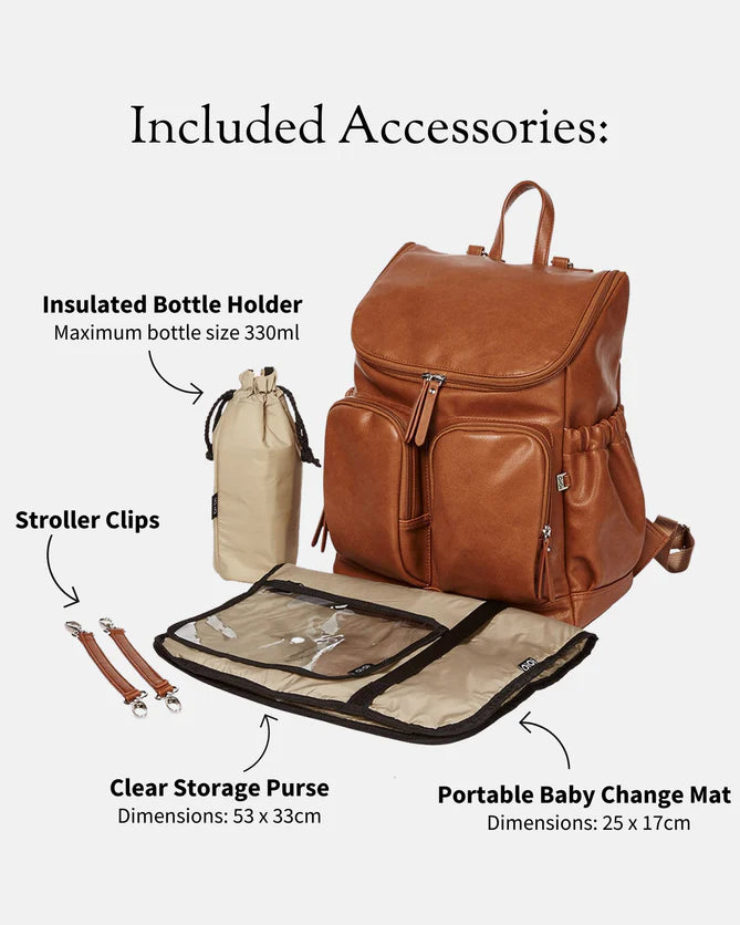 Faux Leather Nappy Backpack in Tan Included Accessories