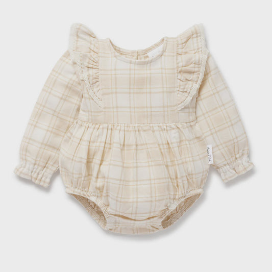 Beige Plaid Bubble Ruffle Flannel Romper