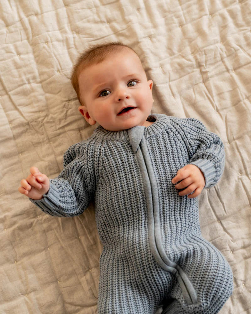 BLUE KNITTED ZIP ROMPER