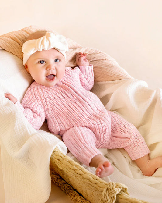 PALE PINK KNITTED ZIP ROMPER