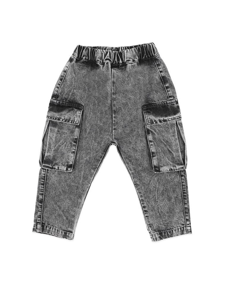 WASHED BLACK PULL ON CARGO JEANS 3-7 YRS