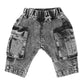 WASHED BLACK PULL ON CARGO JEANS