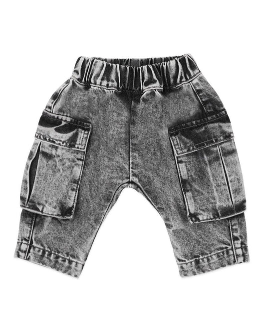 WASHED BLACK PULL ON CARGO JEANS