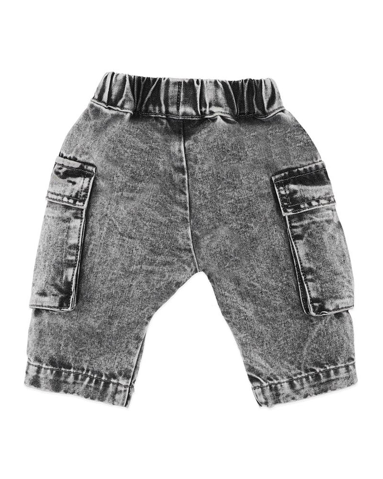 WASHED BLACK PULL ON CARGO JEANS