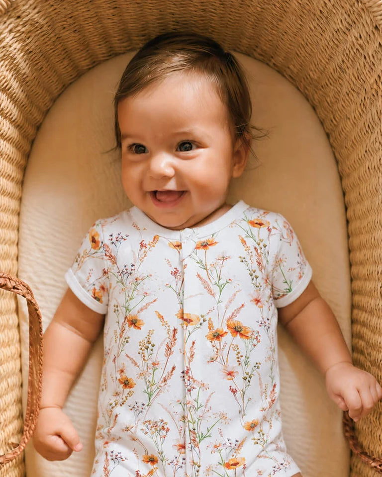 TAYLOR ORGANIC FLORAL SS ZIP ROMPER