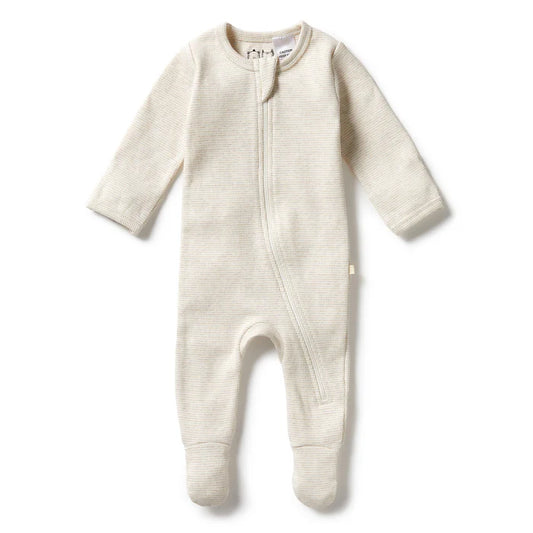 Organic Stripe Rib Zipsuit with Feet | Oatmeal