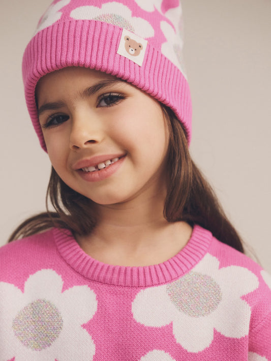 Raspberry Daisy Knit Beanie