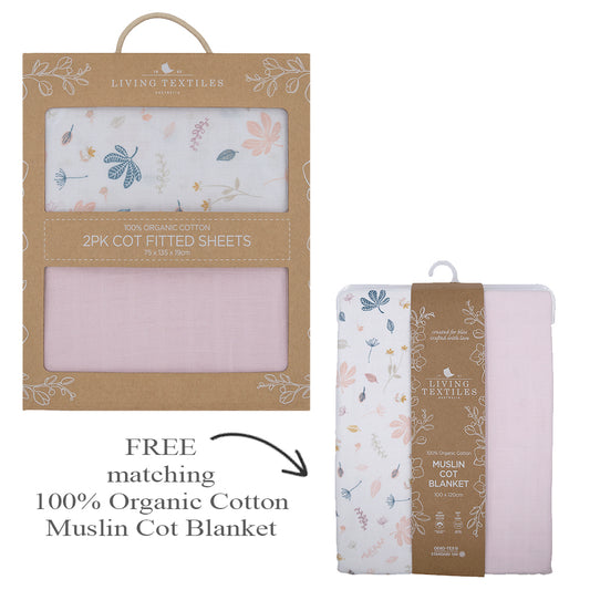 Organic Muslin 2-pack Cot Fitted Sheets - Botanical/Blush