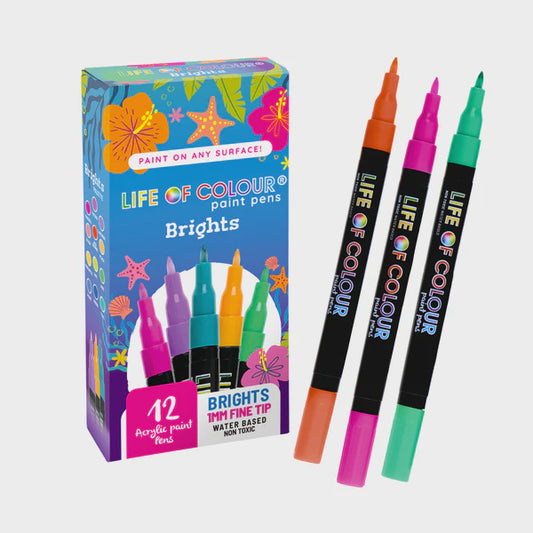 Bright Colours 1mm Fine Tip Acrylic Paint Pens - Set of 12