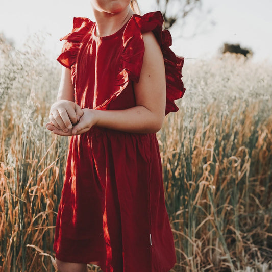 Girls Florence Summer Dress - Red Linen